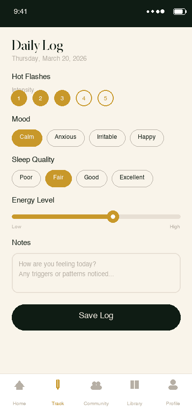 Ohemaa Symptom Tracking — log hot flashes, mood, sleep, energy